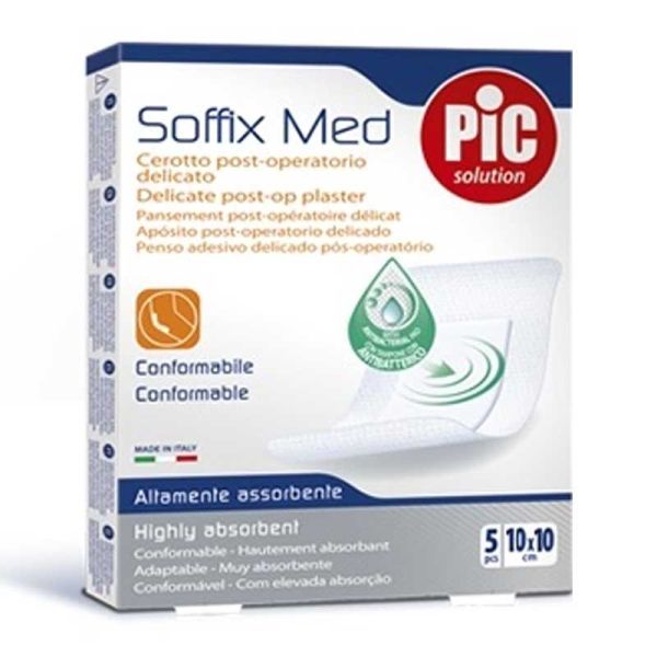CEROTTO PIC SOFFIX MED IN TNT CON TAMPONE CENTRALE ASSORBENTE STERILE MONOUSO 10X10 CM ANTIBATTERICO 5 PEZZI