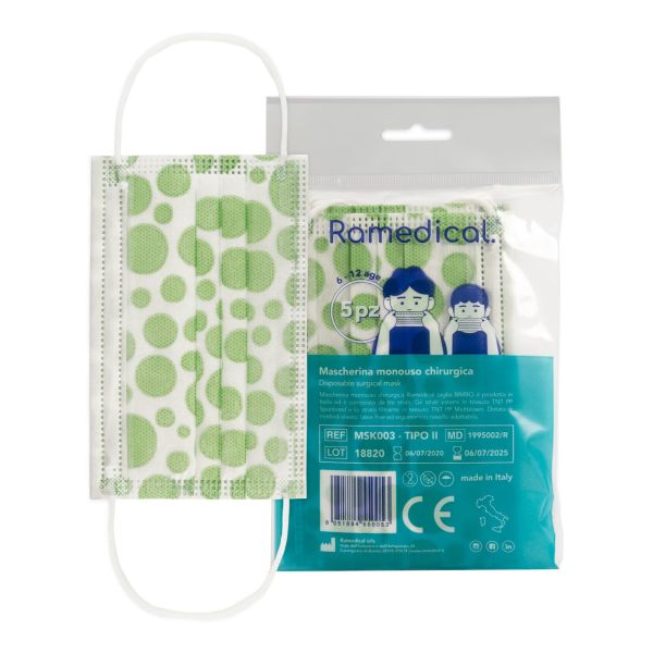MASCHERINA CHIRURGICA PEDIATRICA MONOUSO TIPO II POIS VERDE 5 PEZZI
